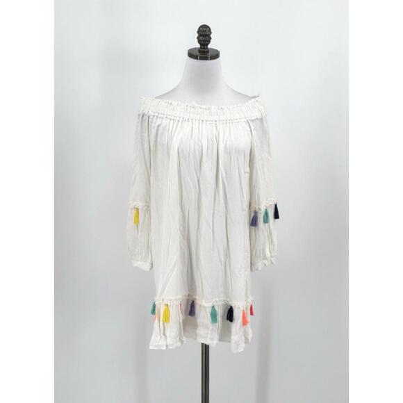 Misa Los Angeles White Gauze Off Shoulder Rainbow Tasseled Tunic Dress Sz M - Picture 1 of 9